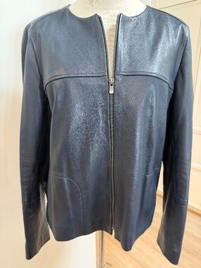 Gerard Darel Navy Blue Leather zipper jacket.  Size 46 (US 12-14)